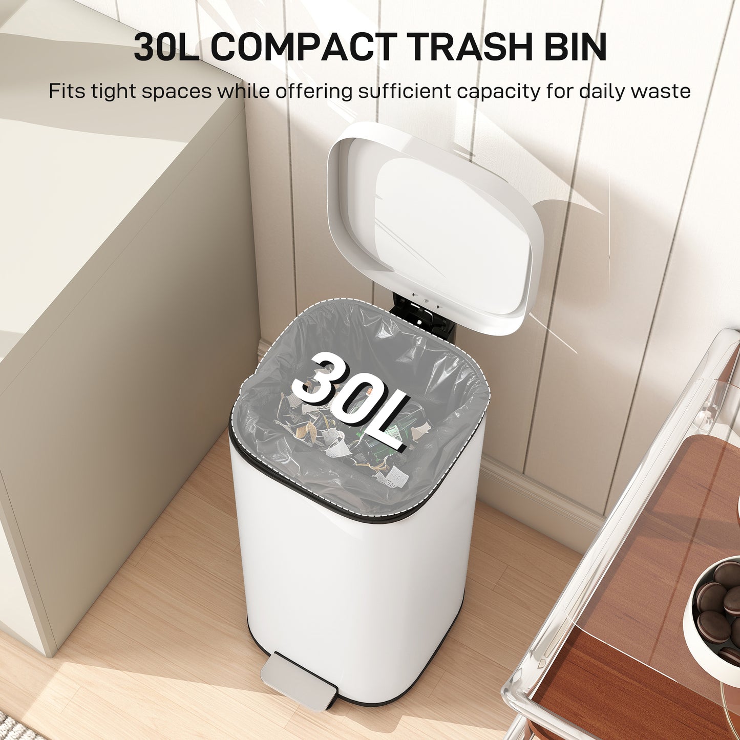 30L Kitchen Bin, Compact Pedal Bin with Soft-Close and Stay-Open Lid, Removable Bucket for Kitchen, Home, Office, Cream