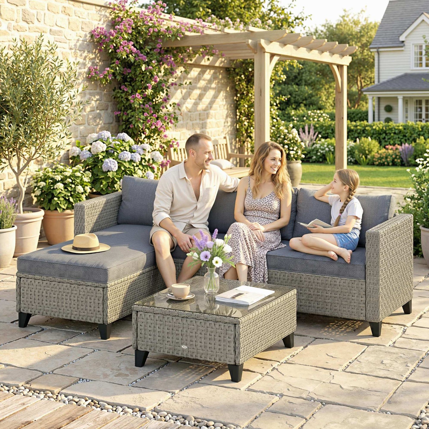 5-Piece Rattan Patio Furniture Set with Corner Sofa, Footstools, Coffee Table, for Poolside, Dark Grey