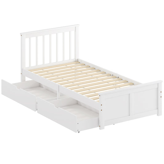 Wooden Single Bed Frame, with Drawers - White