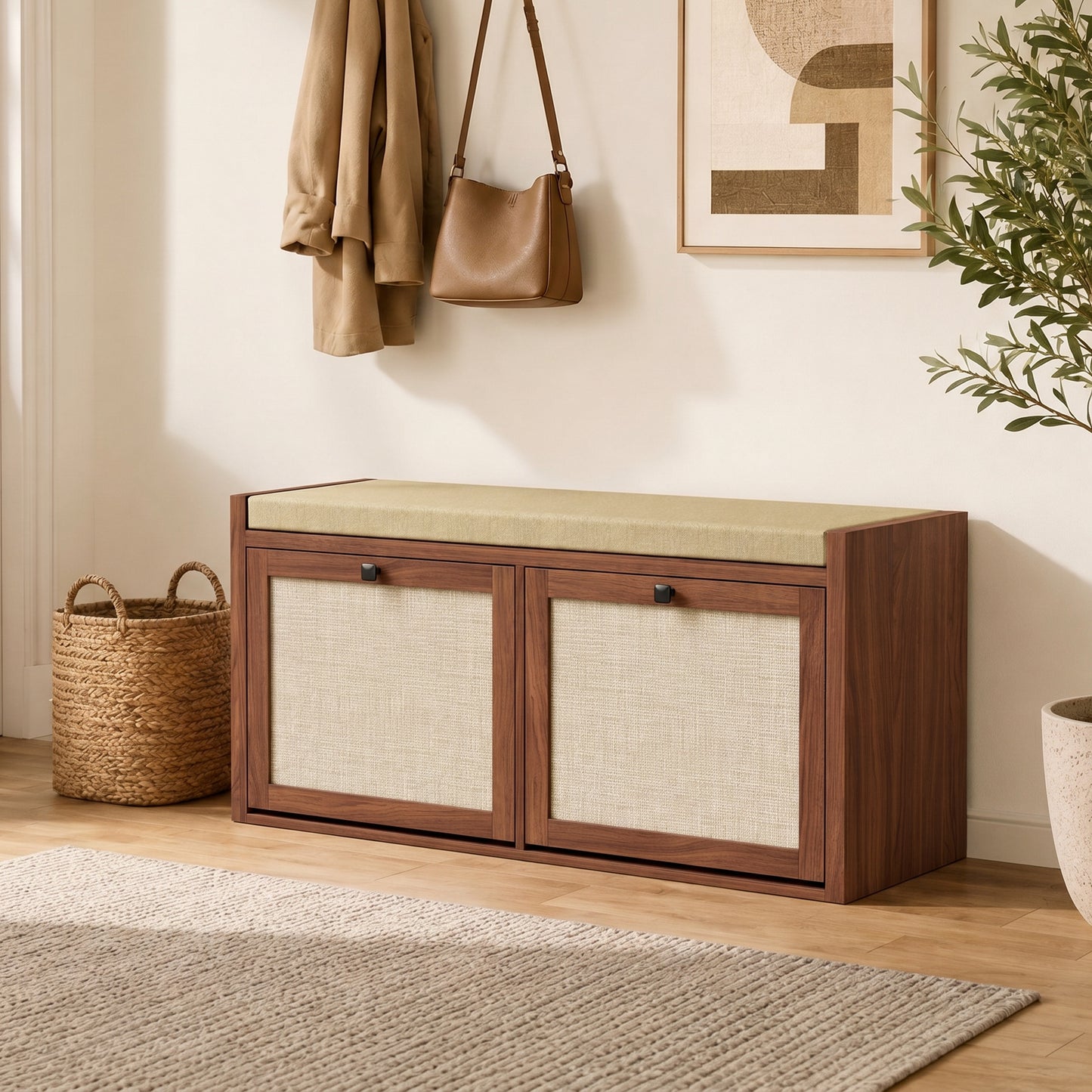 Rattan Shoe Bench with Padded Cushion and 2 Cabinets for Hidden Storage, Brown