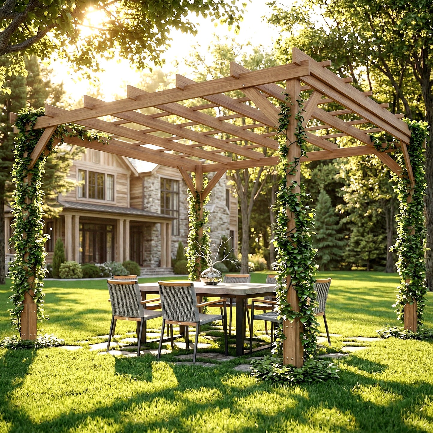3 x 3 m Wooden Pergola Kit, Decorative Garden Gazebo Shelter with Stable Structure for Climbing Vines, Dark Brown