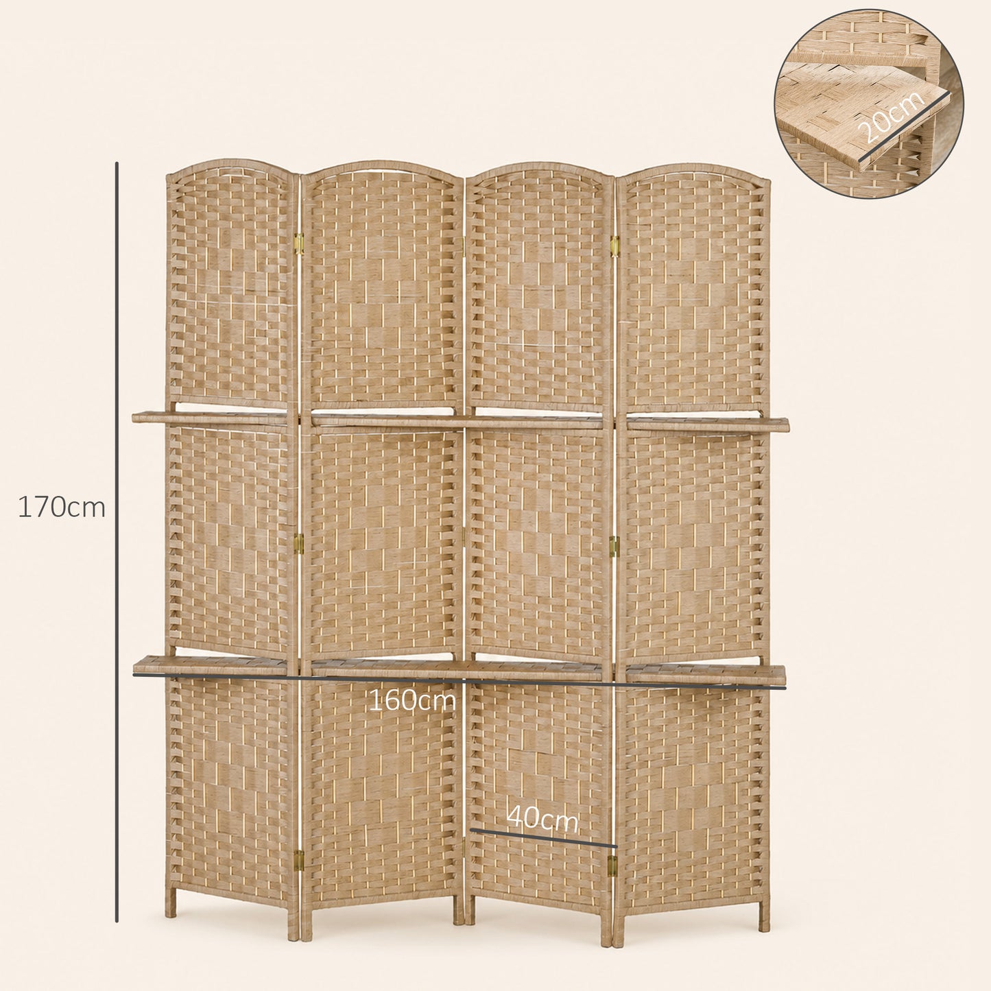 Freestanding Privacy Screen, 4 Panel Folding Room Divider for Living Room, Bedroom and Office, 160 x 170cm, Natural