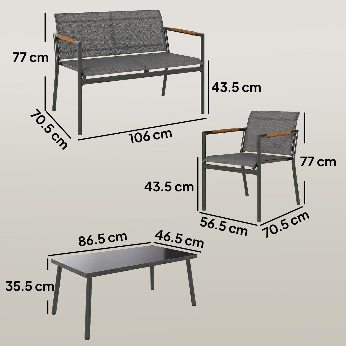 4 Seater Garden Furniture Set with Loveseat, Armchairs, Table, Metal Garden Sofa Set with Breathable Seats, Grey