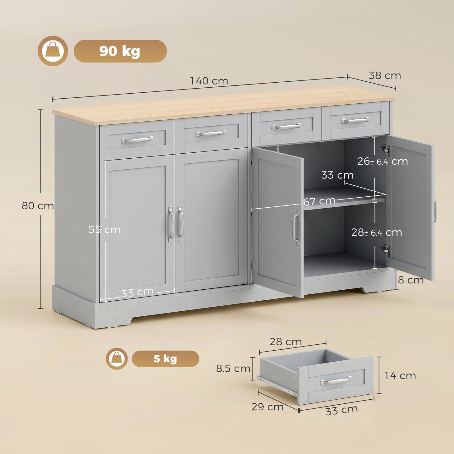 Sideboard Buffet Cabinet, 140 cm Kitchen Storage Cabinet with 4 Drawers, 4 Doors and 2 Adjustable Shelves, Grey