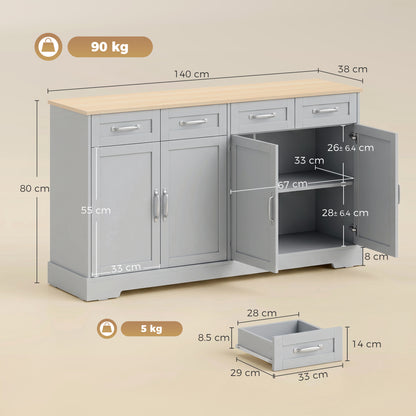 Sideboard Buffet Cabinet, 140 cm Kitchen Storage Cabinet with 4 Drawers, 4 Doors and 2 Adjustable Shelves, Grey