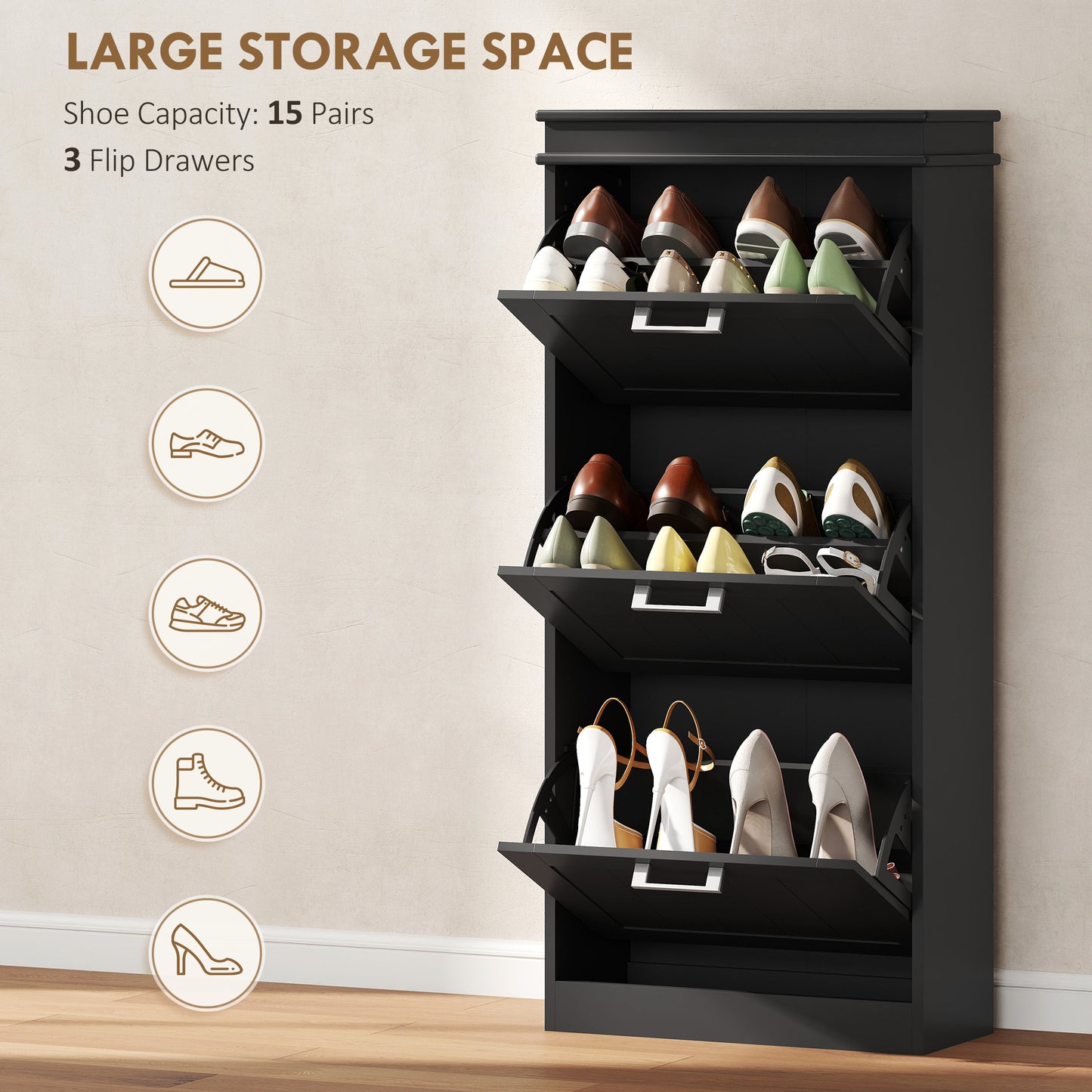 Three-Drawer Minimalistic Shoe Cabinet - Black