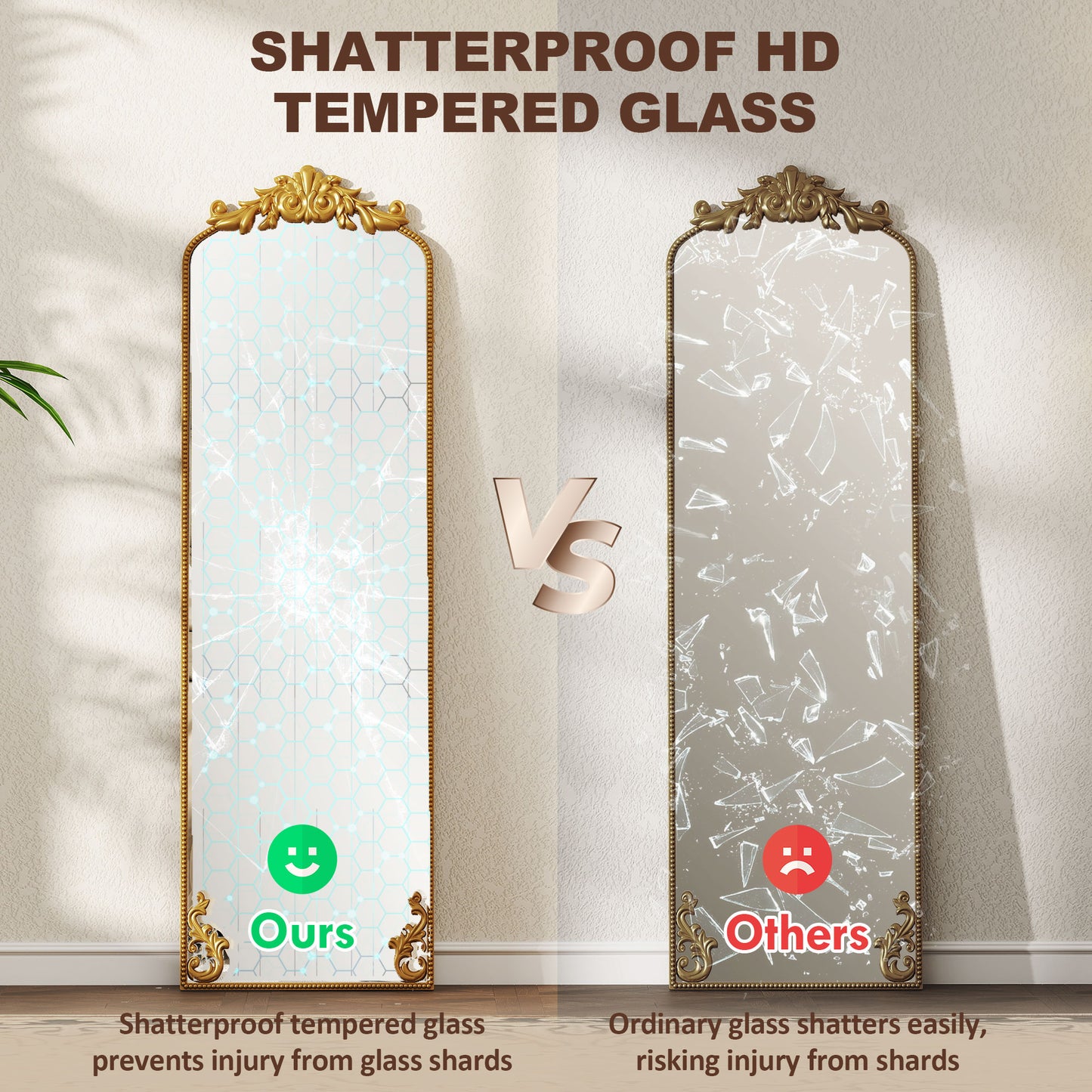Full Length Mirror, 50 x 160 cm Floor Mirror with Baroque Metal Frame for Bedroom, Living Room, Dressing Room, Gold Tone