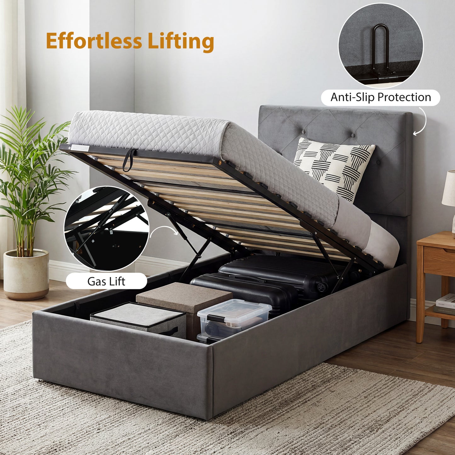 Single Bed Frame Gas End Lift Under Bed Storage Upholstered Platform Bed Tufted Headboard for 90 x 190 cm Mattress