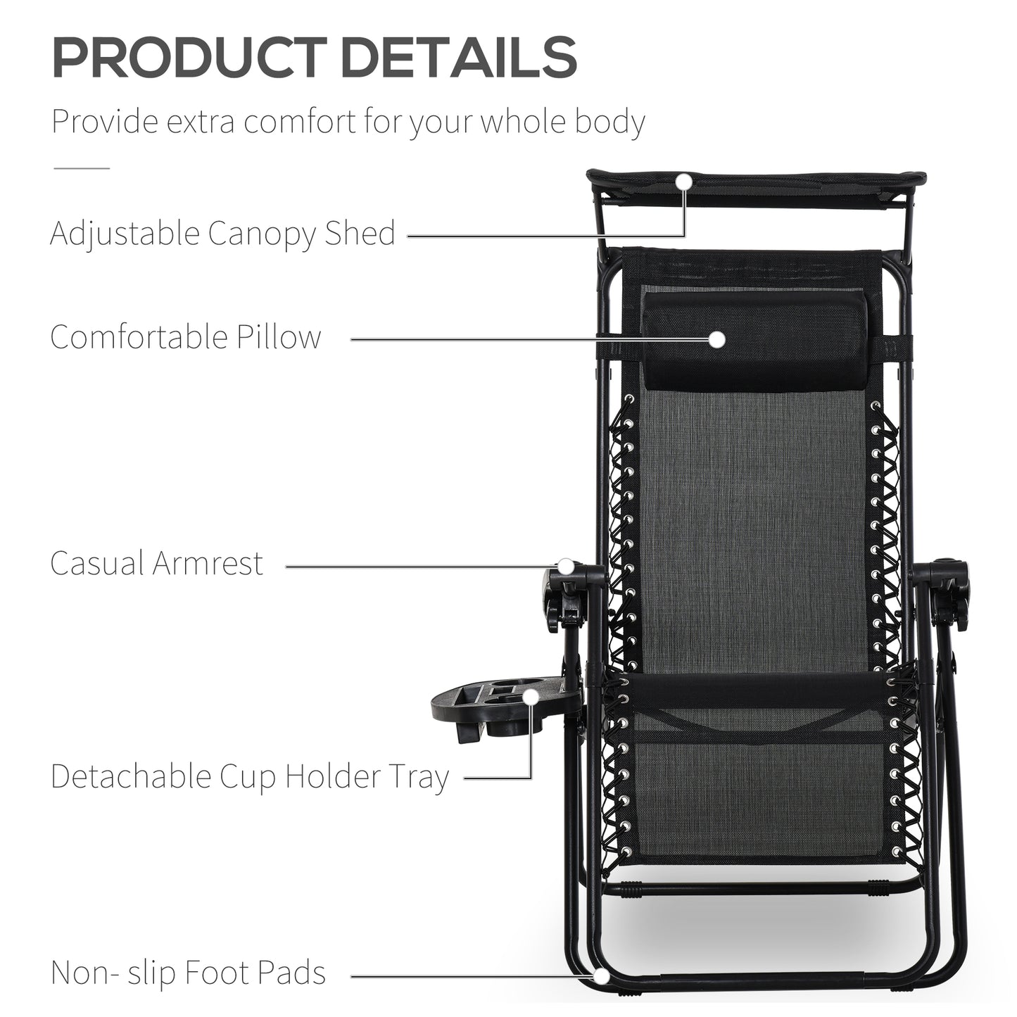 Folding Zero Gravity Sun Lounger, with Sun Canopy - Black