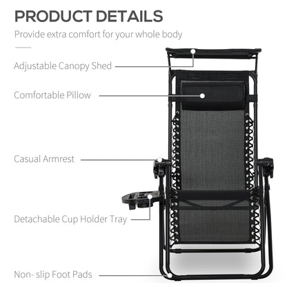 Folding Zero Gravity Sun Lounger, with Sun Canopy - Black