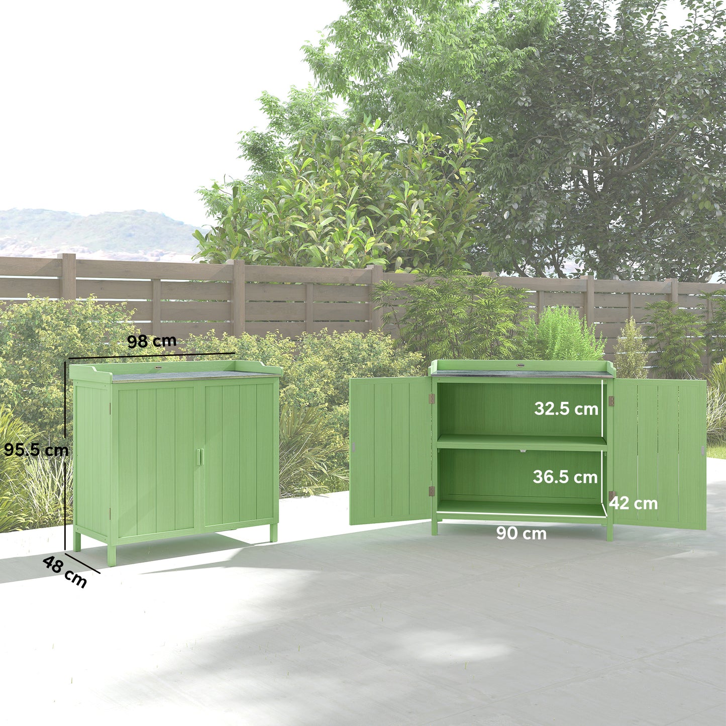 Wood Garden Storage Cabinet, Outdoor Tool Shed, Potting Bench Table with galvanised Top and Two Shelves for garden Tools or P