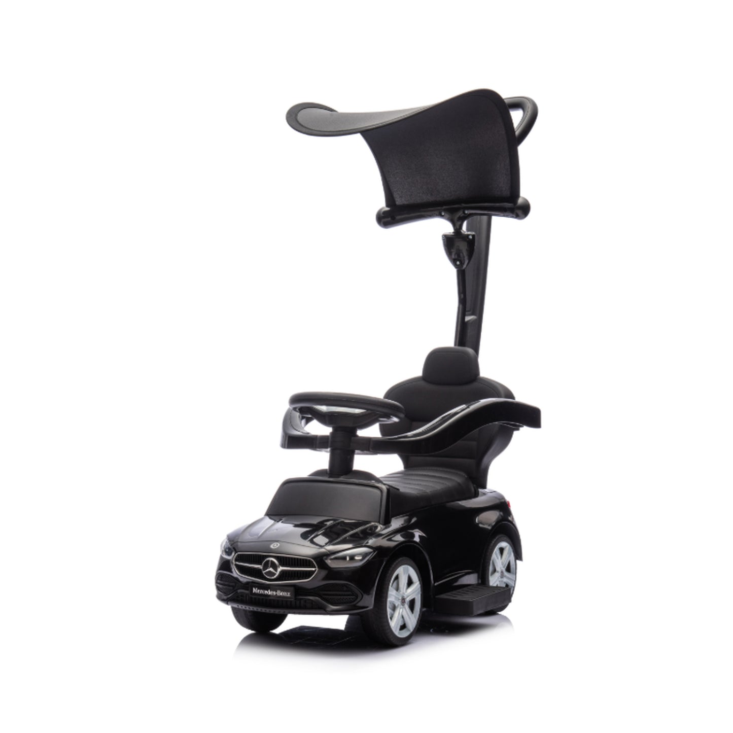 3 in 1 Licensed Benz Ride on Push Car with Handle, Canopy, Guardrails, Horn, Music, Storage for 12-36 Months, Black
