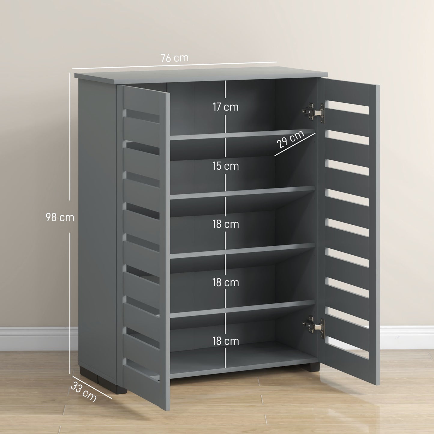 Narrow Shoe Cabinet for Entryway, 5-Tier Slim Shoe Storage Cabinet with 2 Slatted Doors and Adjustable Shelves Grey
