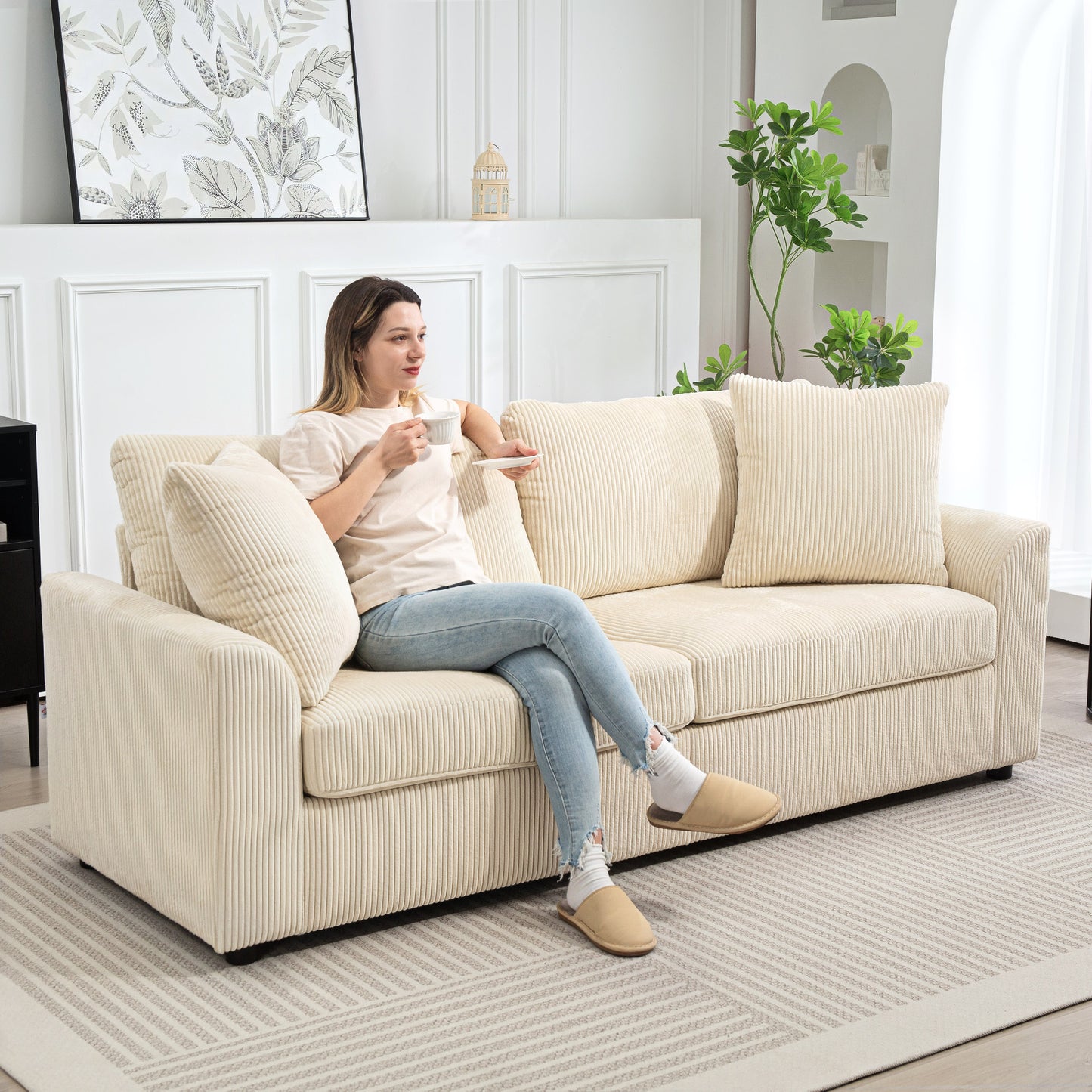 3 Seater Sofa, 212cm Corduroy Couch with Spring Cushion, Wide and Deep Seat, Plush Backrest, 2 Pillows