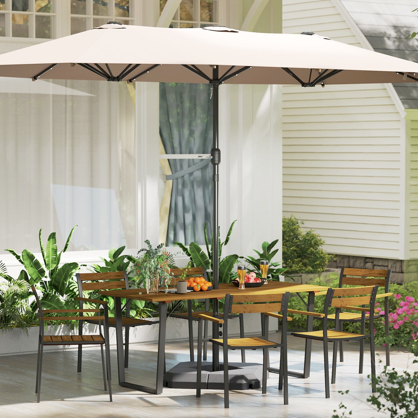 Seven-Piece Wood Panel Patio Dining Set with ⌀5 cm parasol hole - Brown/Black