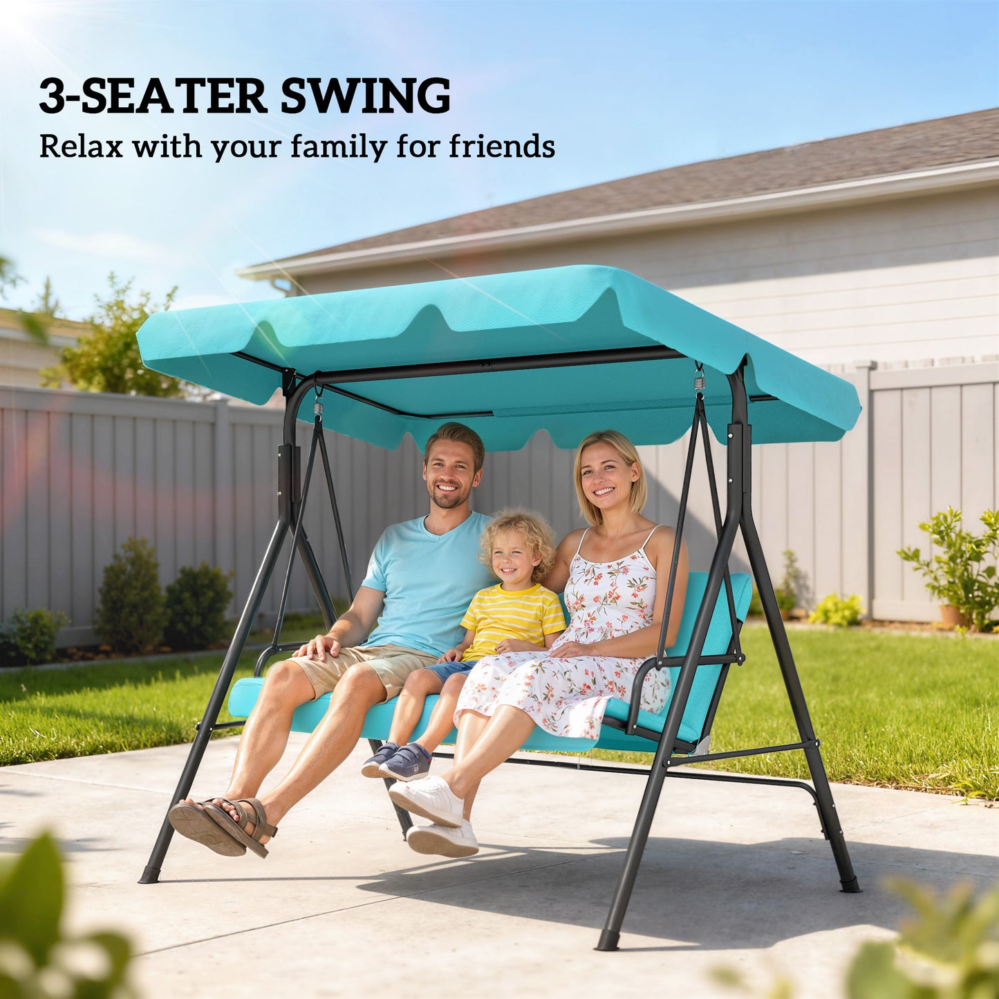 Three-Seater Garden Swing Chair, with Adjustable Canopy - Teal