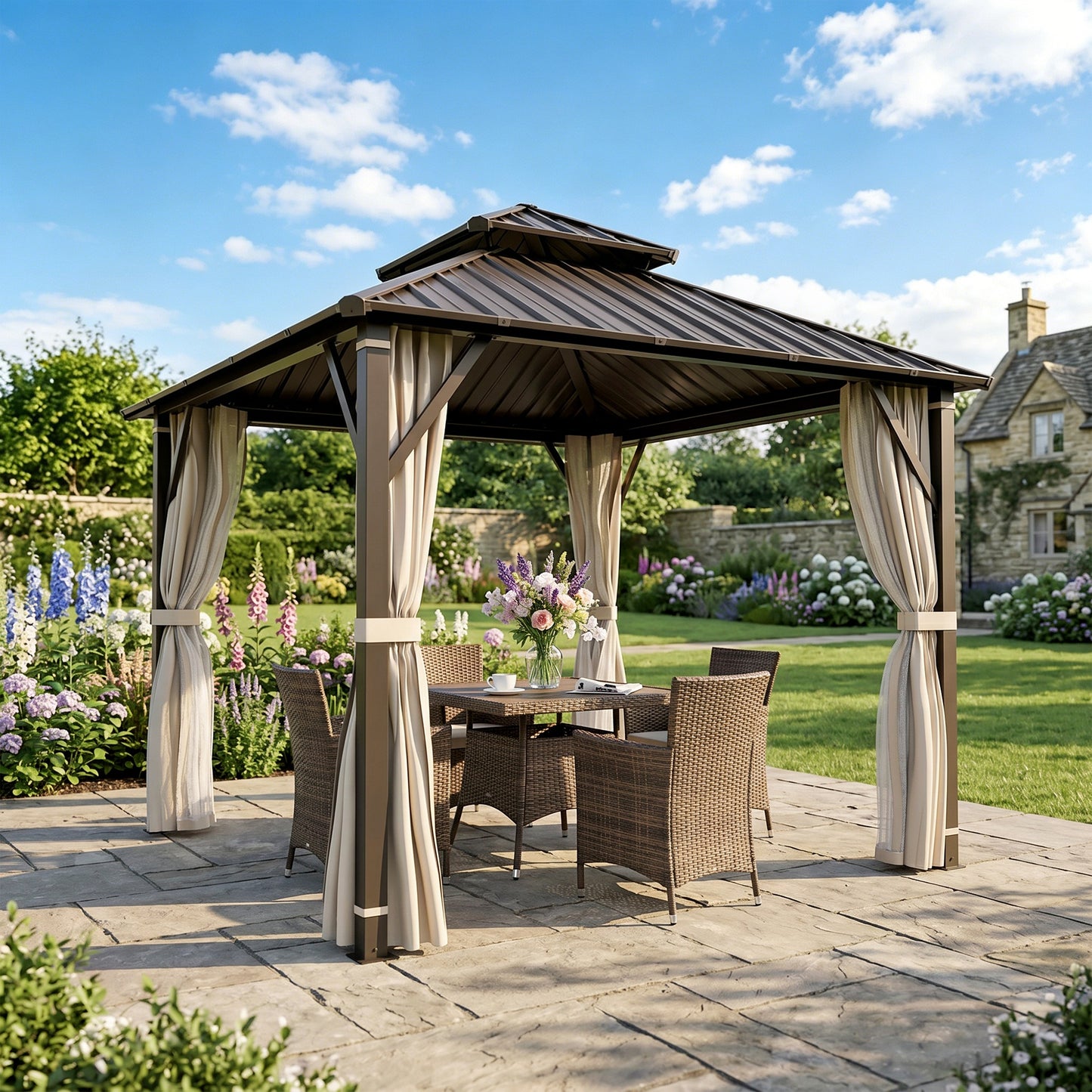 3 x 3(m) Hardtop Gazebo Canopy with Double Metal Roof, Waterproof Permanent Pavilion Garden Gazebo with Netting and Curtains