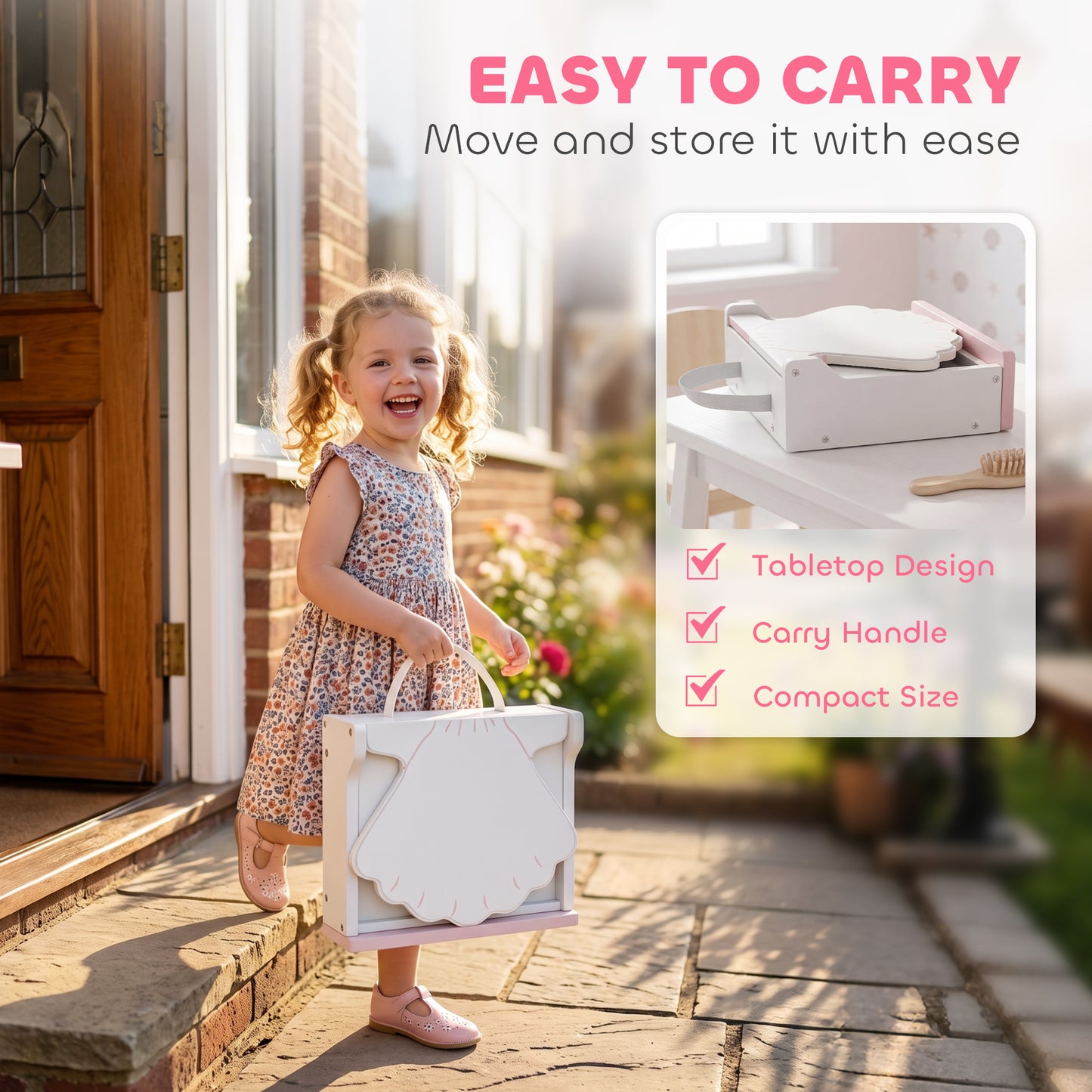Kids Vanity Table, Portable Dressing Table with Lights, Mirror, Drawer, Accessories, Gift for 3-6 Years