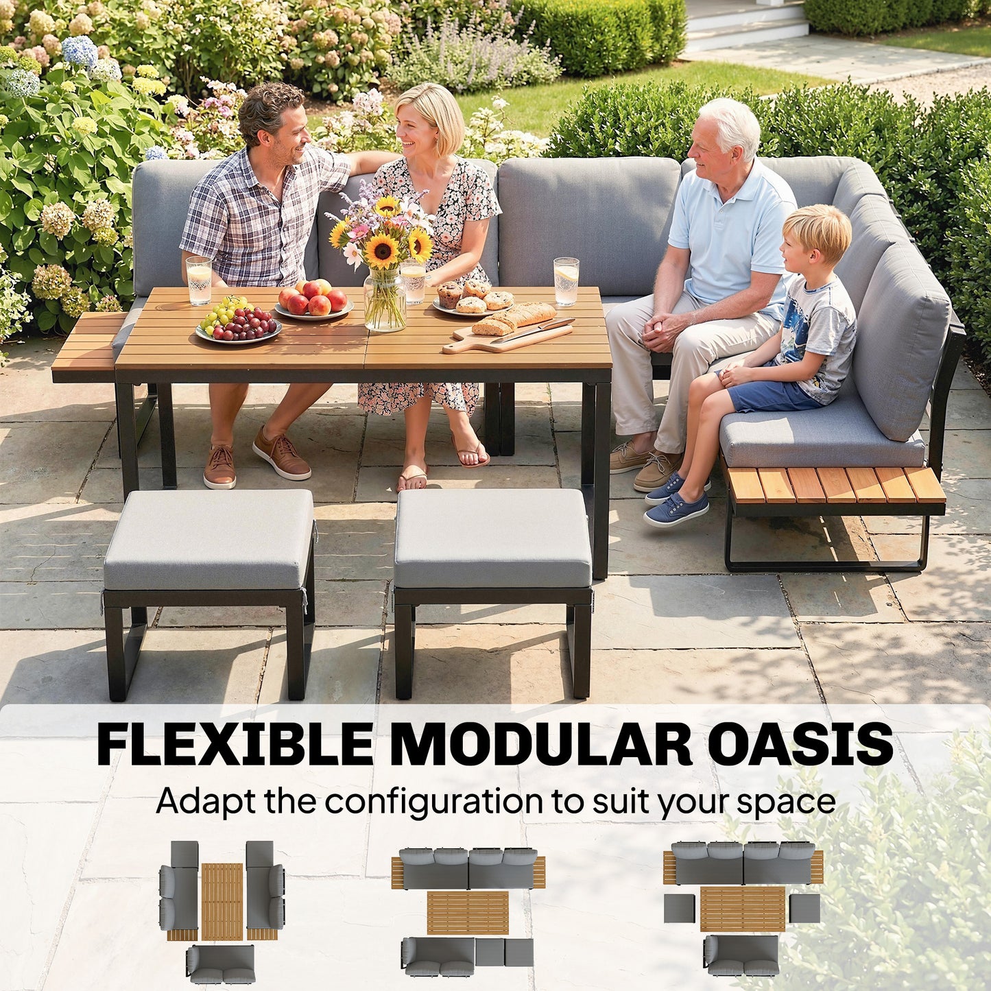 Patio Furniture Set Modular Garden Sofa Set 6 Pieces with Dining Table for Outdoor Patio Grey