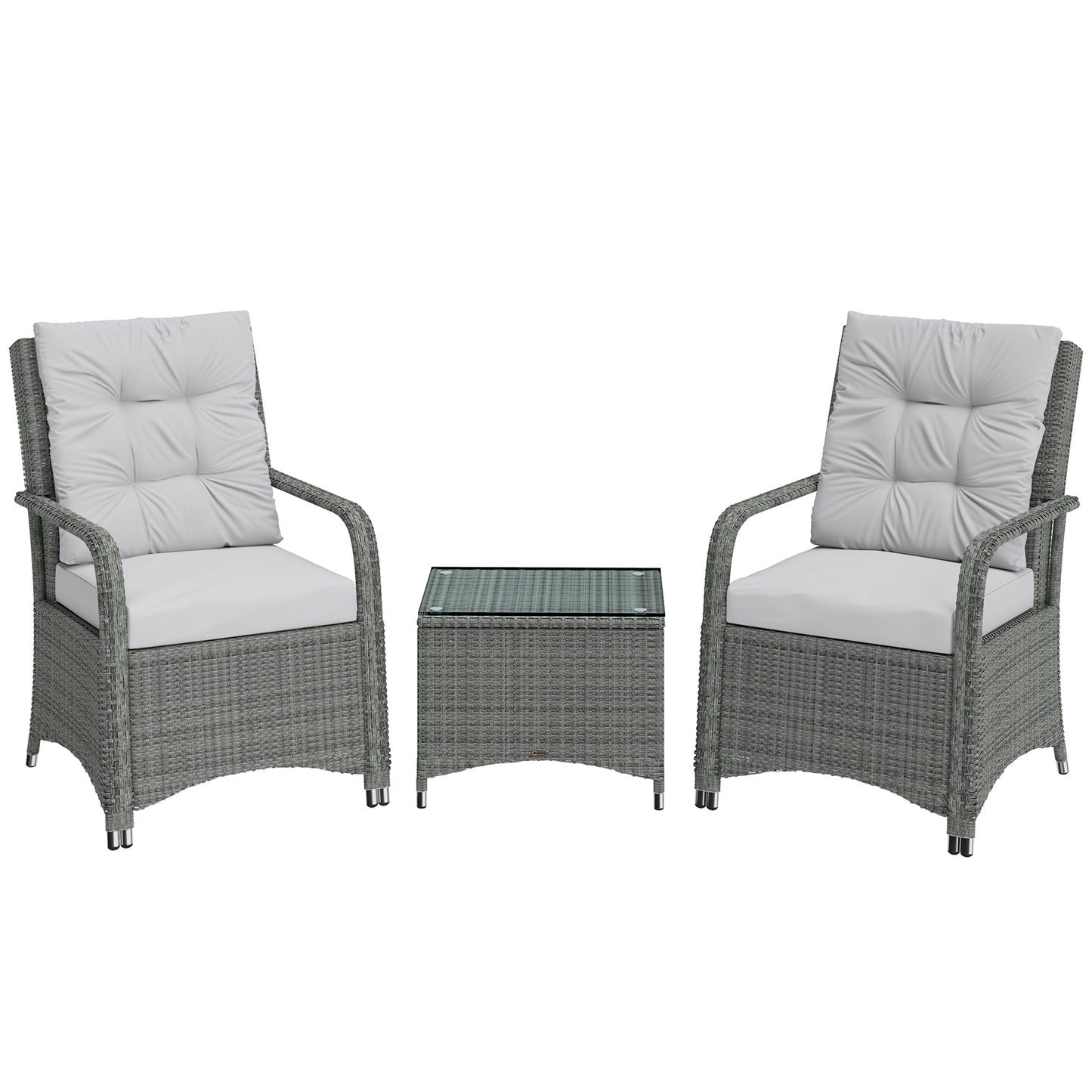 3 Pieces Rattan Bistro Set, Wicker Garden Furniture Set with Metal Frame, Cover, Glass Top Coffee Table, Light Grey