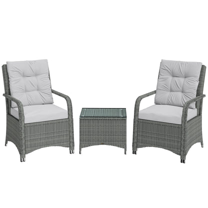 3 Pieces Rattan Bistro Set, Wicker Garden Furniture Set with Metal Frame, Cover, Glass Top Coffee Table, Light Grey