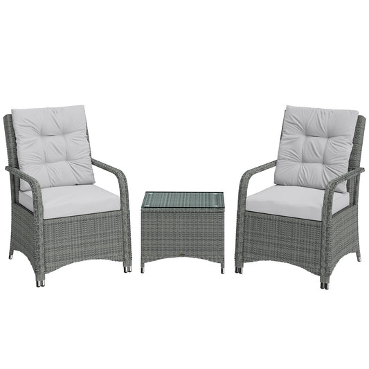 3 Pieces Rattan Bistro Set, Wicker Garden Furniture Set with Metal Frame, Cover, Glass Top Coffee Table, Light Grey