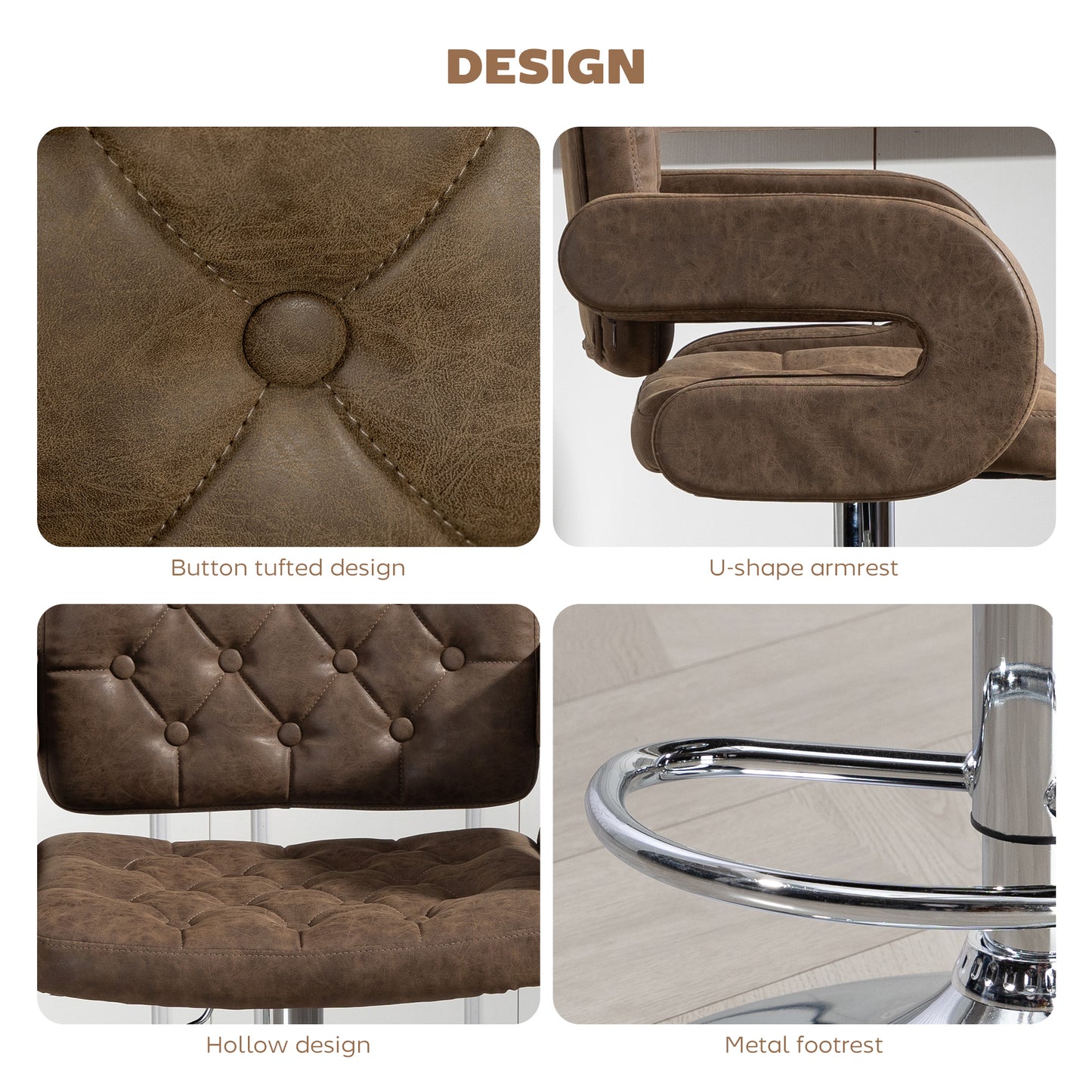 PU Leather Upholstered Swivel Bar Stool, Height Adjustable with Back, Armrest, Footrest, Coffee