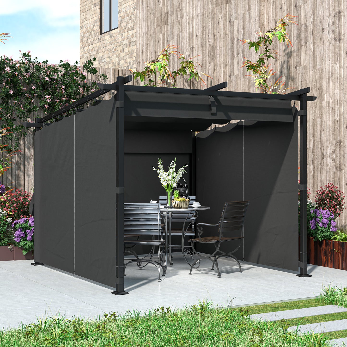 3 x 3 m Retractable Roof Pergola, with Curtains - Dark Grey