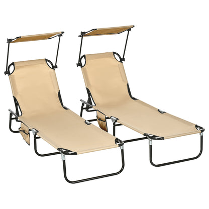 2 Piece Folding Sun Loungers with Canopy, Adjustable Recliner Garden Chairs with Side Pocket