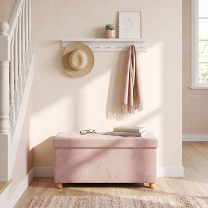 Velvet Upholstered Foldable Ottoman Footrest, Storage Ottoman Bench with Wood Legs for Living Room, Pink