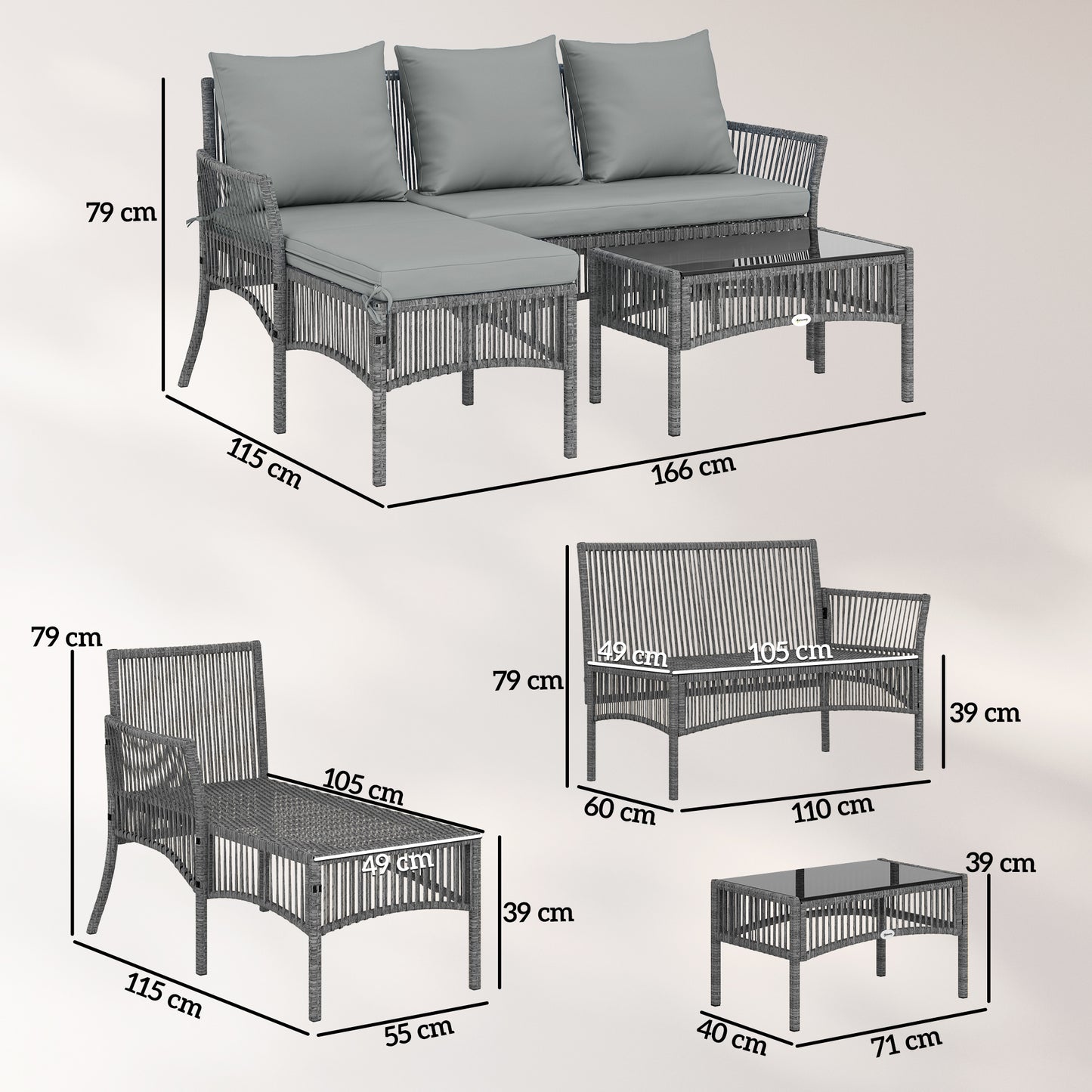 3 Piece Rattan Garden Furniture Corner Sofa Set with Chaise Lounge, Loveseat, Glass Coffee Table, Cushions, Dark Grey