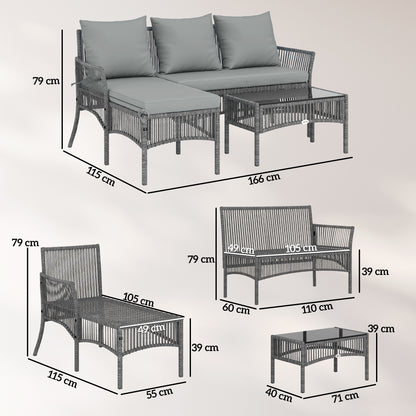 3 Piece Rattan Garden Furniture Corner Sofa Set with Chaise Lounge, Loveseat, Glass Coffee Table, Cushions, Dark Grey