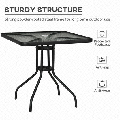 Square Garden Dining Table with Tempered Glass Top & Umbrella Hole, 76 x 76 cm