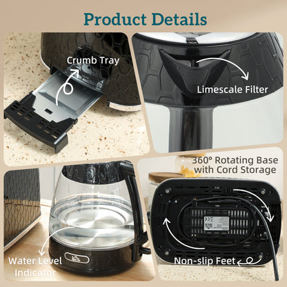 Kettle and Toaster Set, 1.7L 3000W Rapid Kettle with Limescale Filter, 2 Slice Toaster with 7 Browning Controls, Black