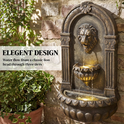 Wall-Mounted Water Fountain, 3-Tier Cascading Waterfall with LED Lights and Adjustable Flow for Patio, Rustic Brown
