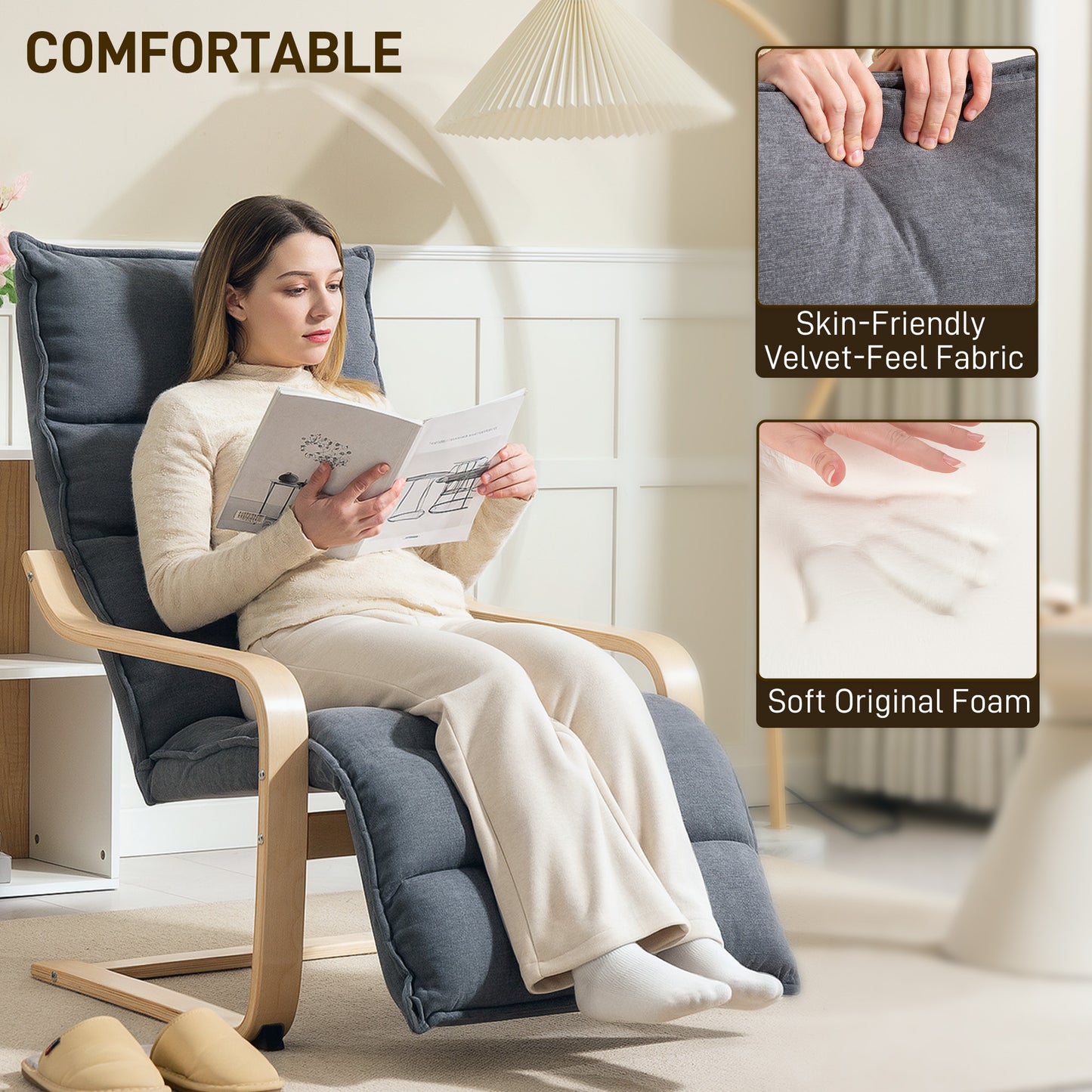 Curved Wooden Accent Chair, with Adjustable Footrest - Drak Grey
