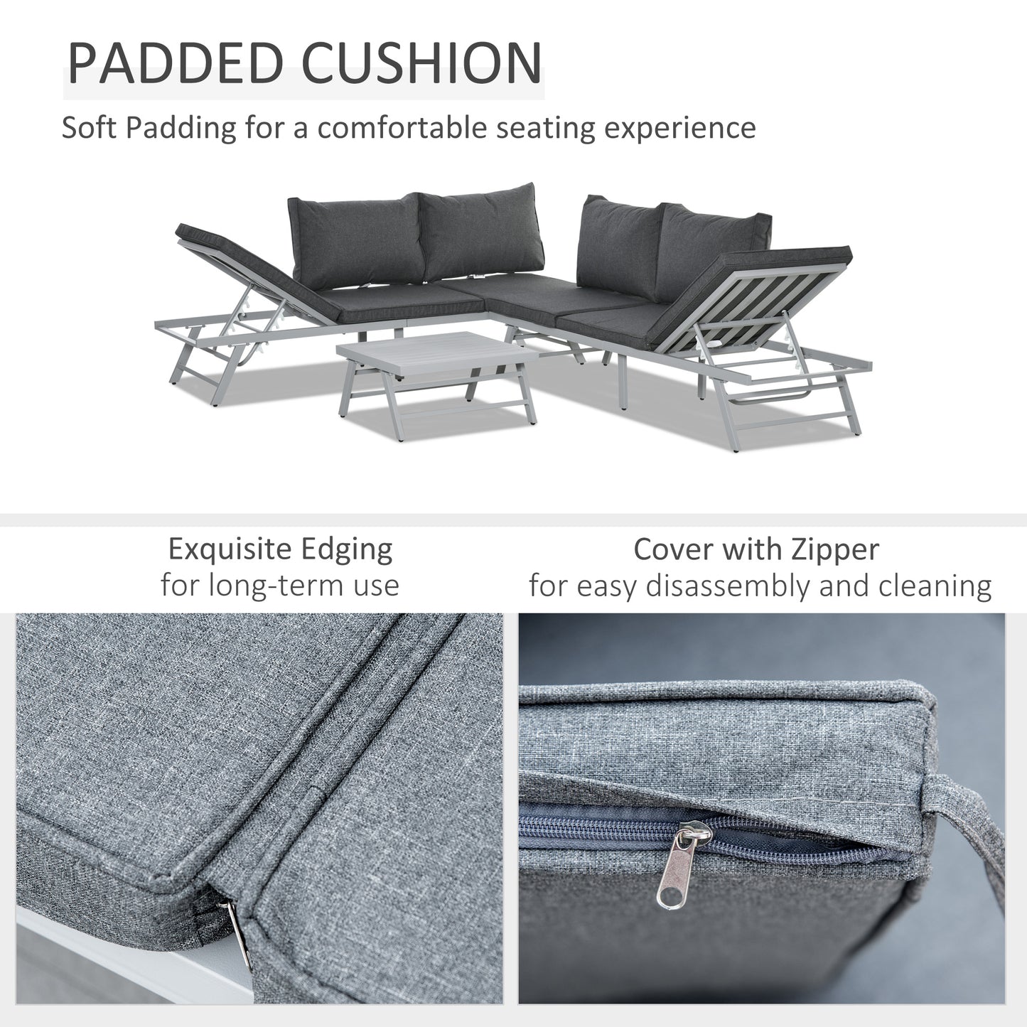 3 Pieces Garden Furniture Sets, 6 Seater Corner Sofa Set with Adjustable Backrest Chase Lounge with Slatted Metal Top Table