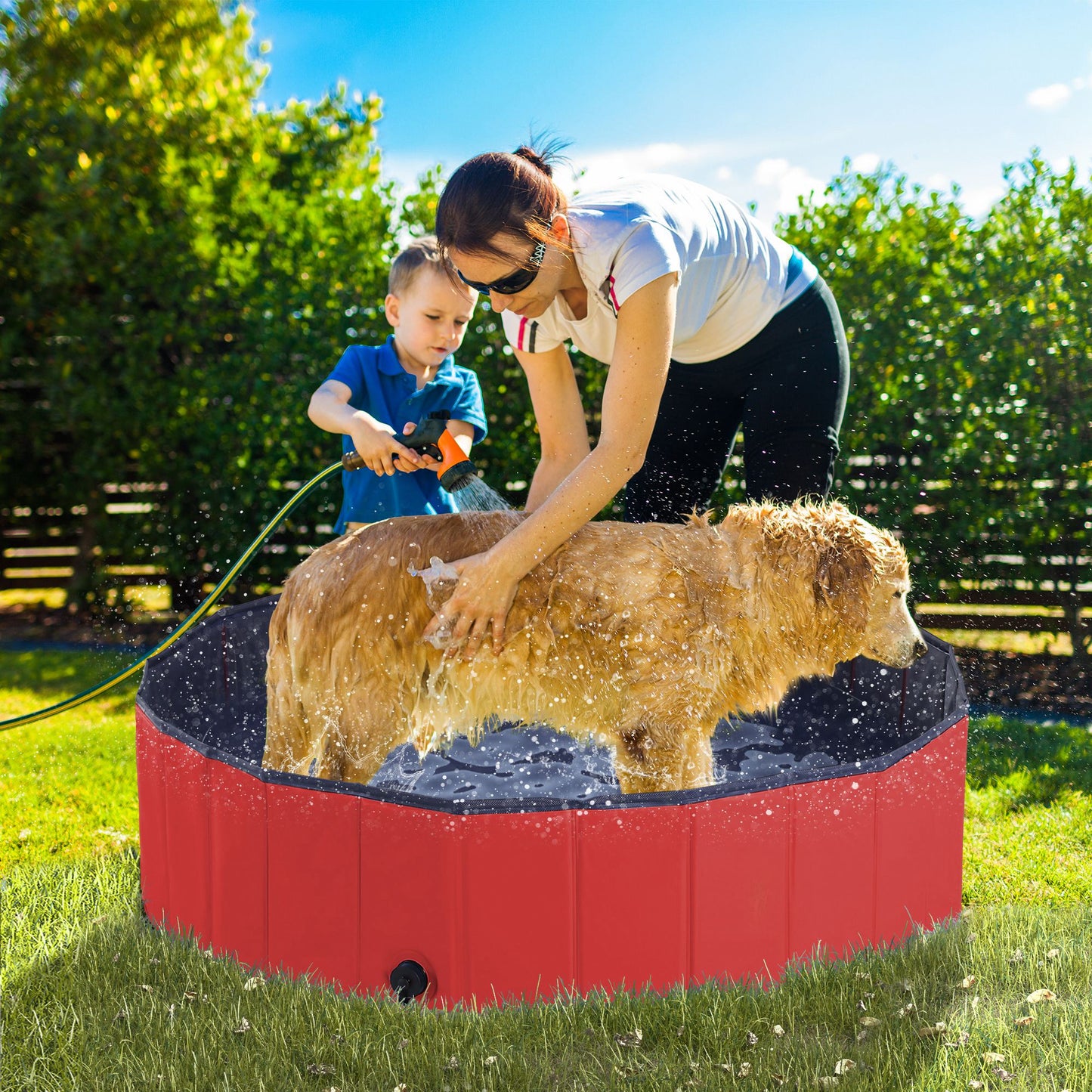 Dog Paddling Pool, Foldable Dog Pool, Leakproof & Hard Plastic, Portable Pet Bathtub with Non-Slip Base & Drainage Hole