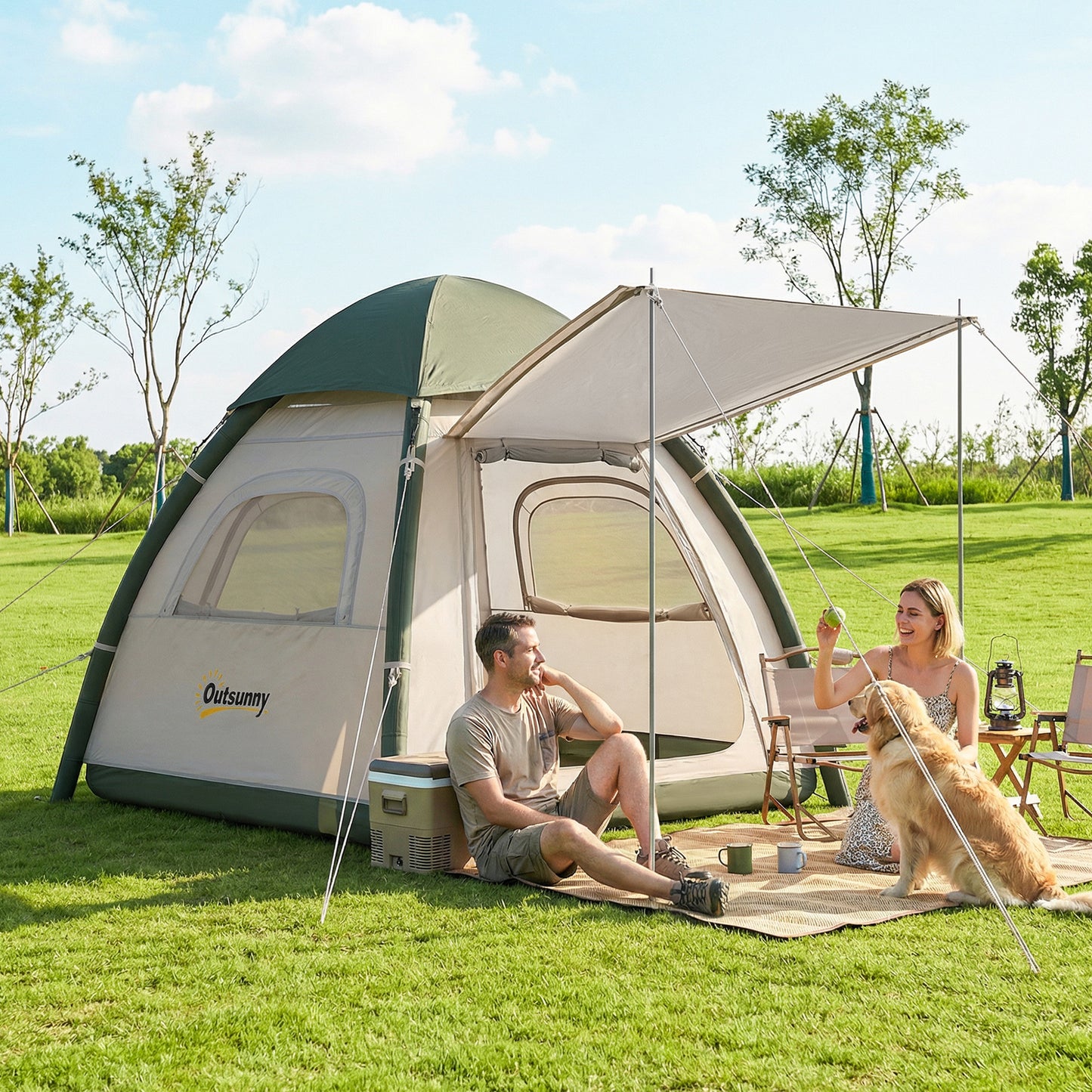 Inflatable Camping Tent with Rainfly, 3 Man Air Tent 3000mm Waterproof Blow Up Tents, Beige