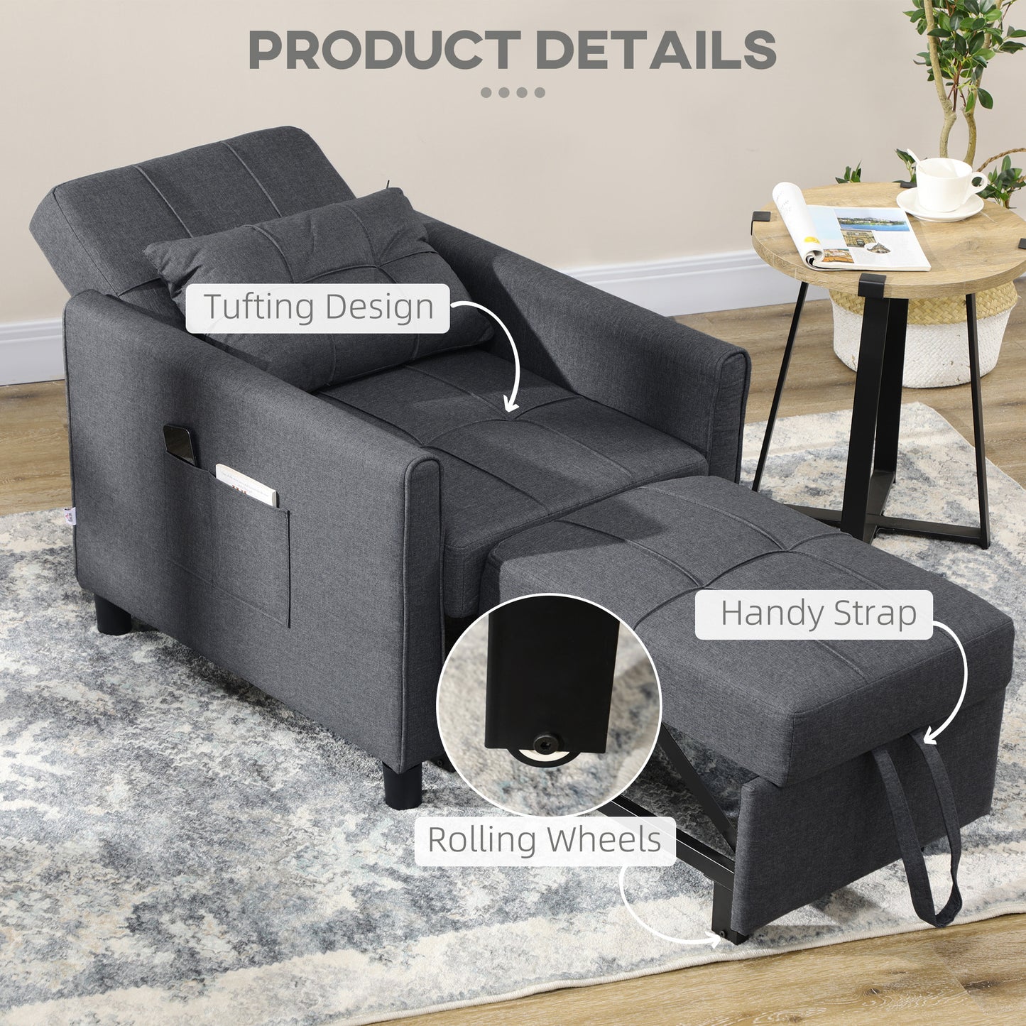3-In-1 Linen-Look Single Chair Bed with Adjustable Back & Eucalyptus Wood Sofa Frame - Grey