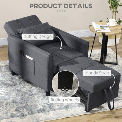 3-In-1 Linen-Look Single Chair Bed with Adjustable Back & Eucalyptus Wood Sofa Frame - Grey