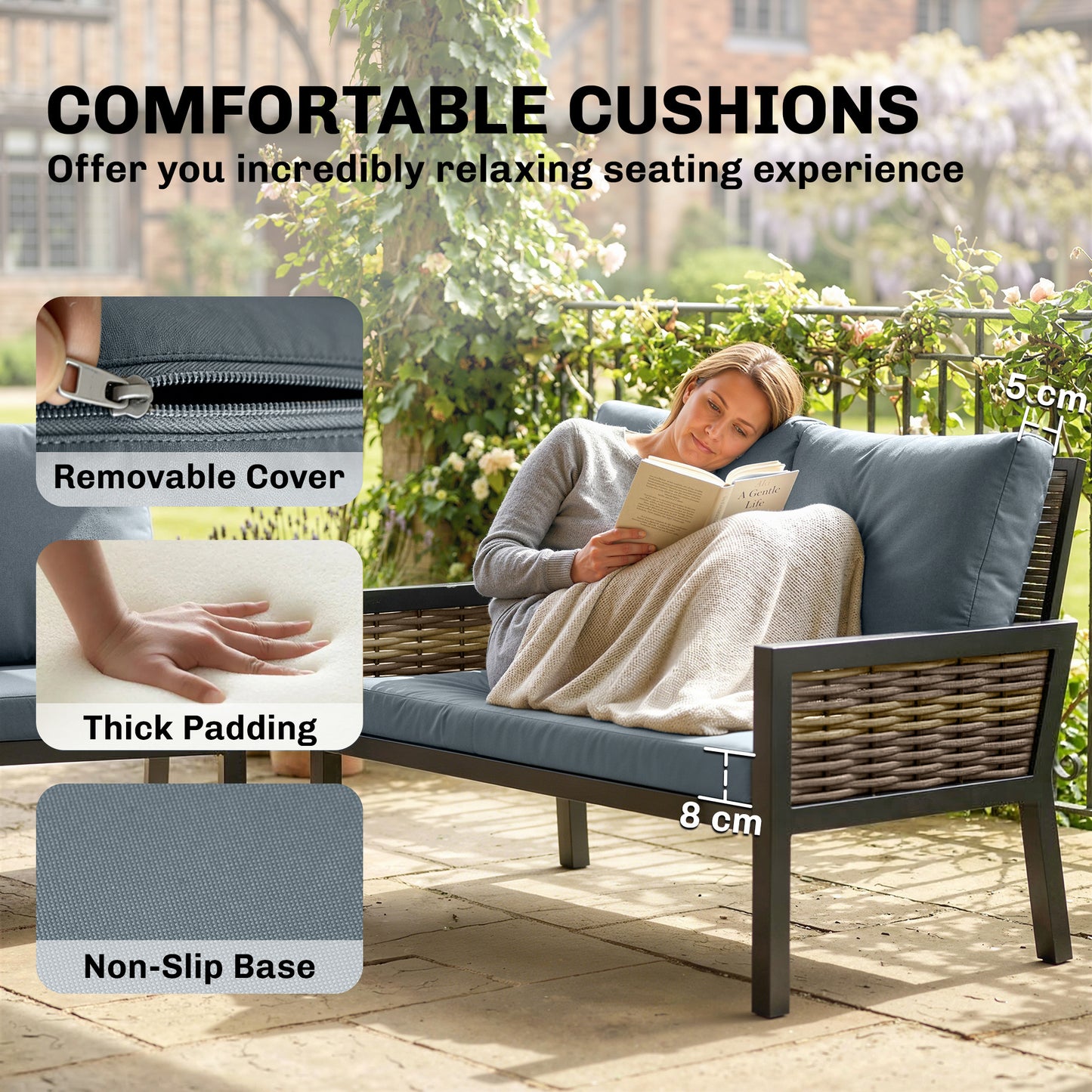4 Seater Rattan Garden Furniture Set with 2 Armchairs, Loveseat, Coffee Table, Garden Sofa Set with Cushions, Grey