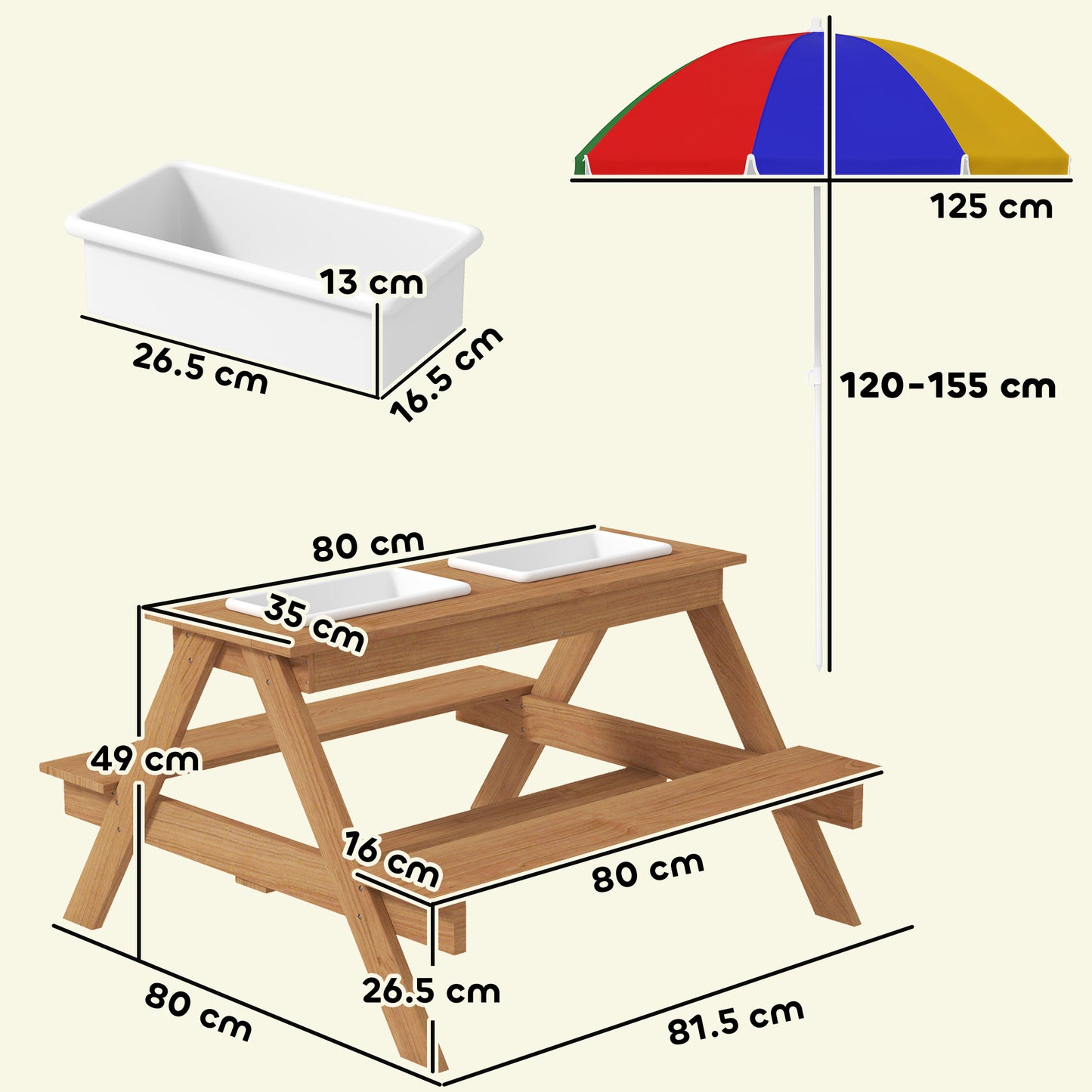 Kids Picnic Table, Sand and Water Table with Wooden Benches, Adjustable Parasol and Storage Bins, Multicolour