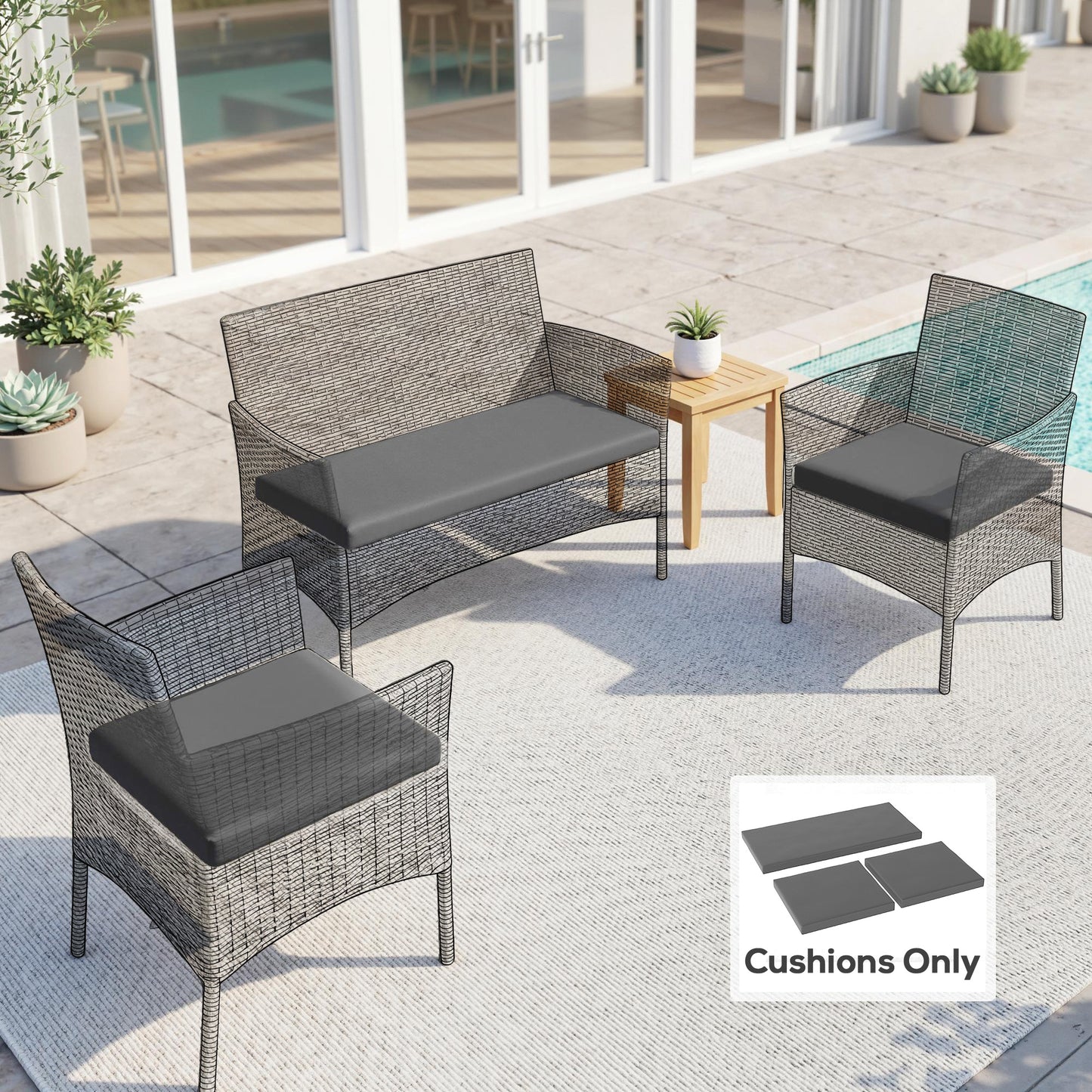 Outdoor Seat Cushion Pads for Rattan Furniture, 3 PCs Garden Furniture Cushions, Dark Grey
