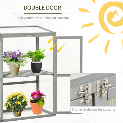 Wooden Cold Frame Greenhouse Polycarbonate Garden Grow House for Flower Vegetable Plants with Adjustable Shelf, Double Doors