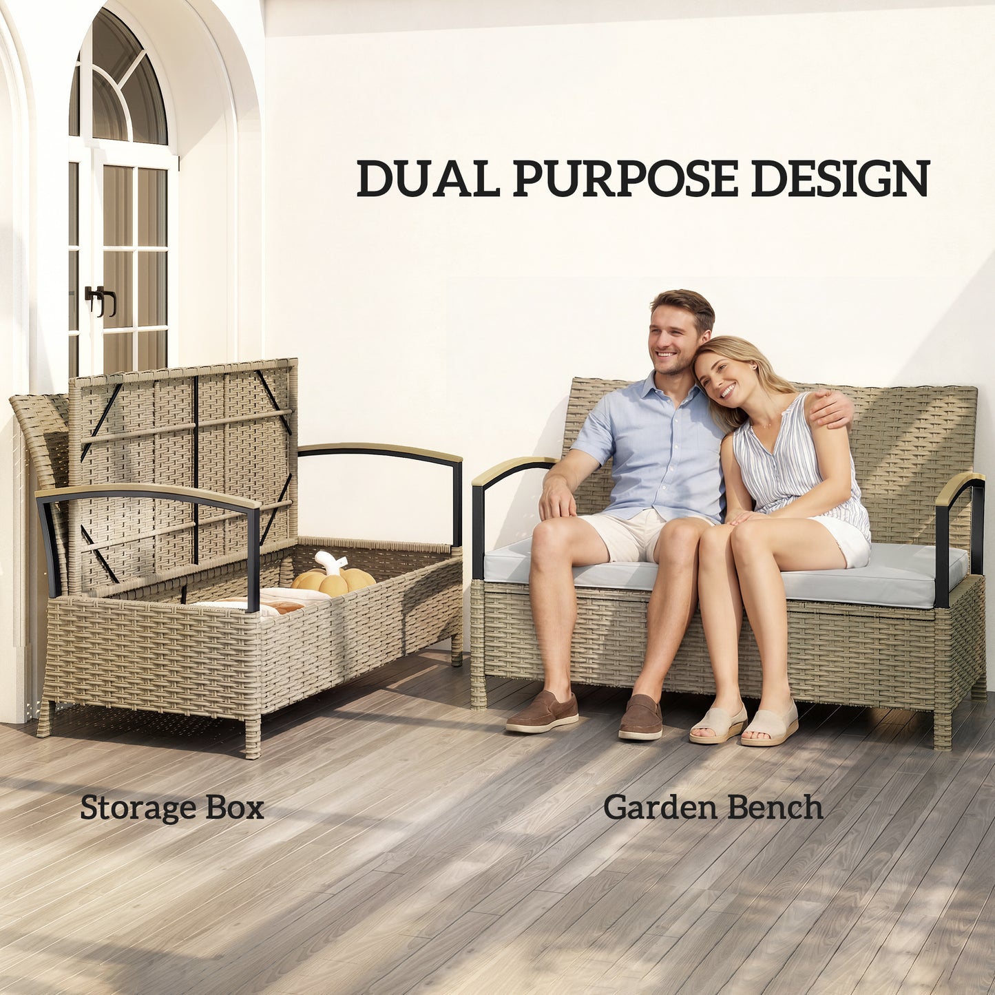 125L Garden Storage Bench, 2 Seater PE Rattan Outdoor Bench Storage Box with Padded Cushion, Khaki