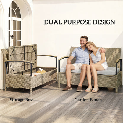 125L Garden Storage Bench, 2 Seater PE Rattan Outdoor Bench Storage Box with Padded Cushion, Khaki