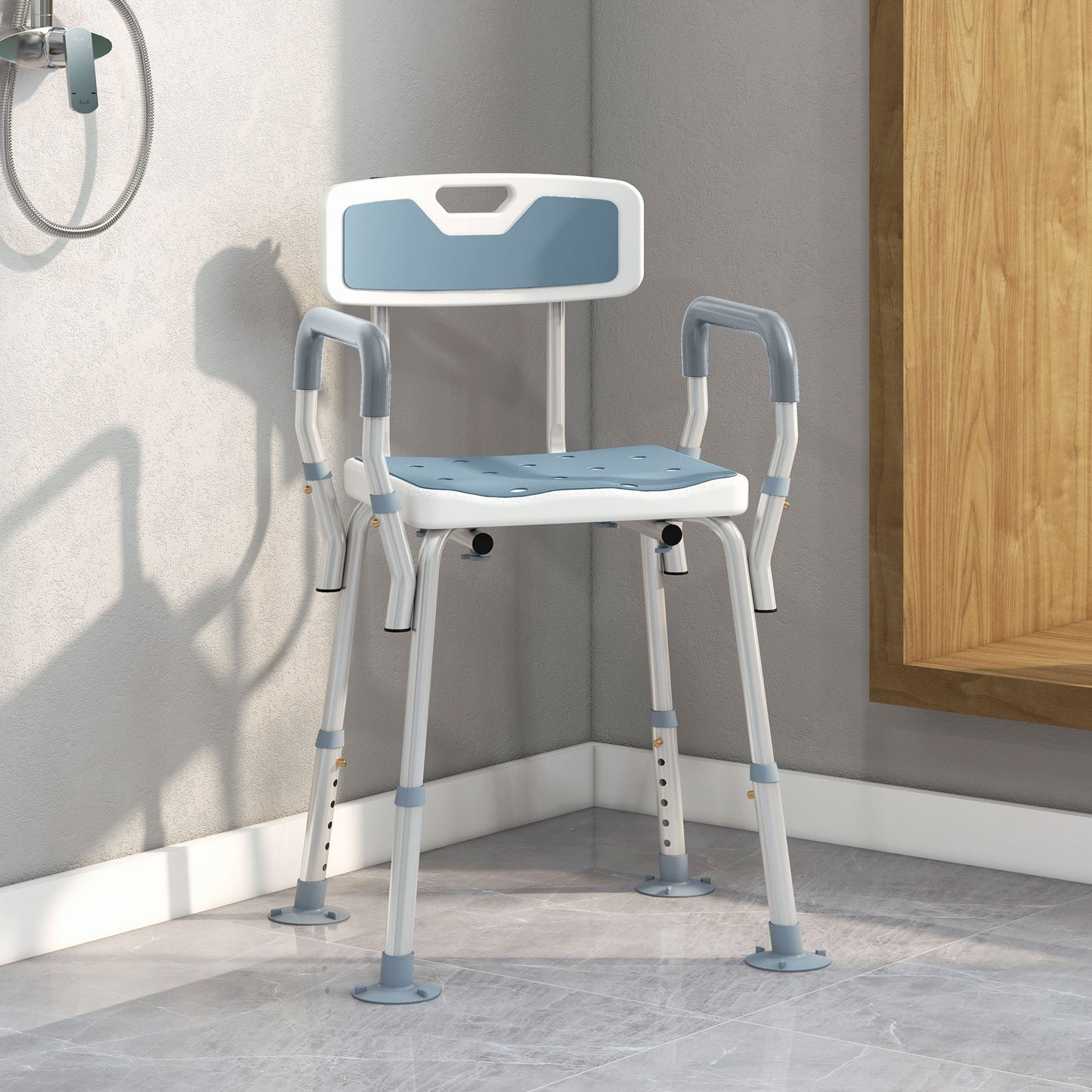 EVA Padded Shower Chair for the Elderly and Disabled, Height Adjustable Shower Stool with Back and Arms, 4 Suction Foot Pads