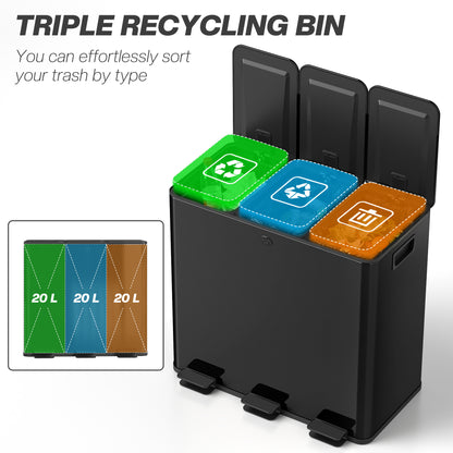 3 x 20L Pedal Bin, Steel Triple Kitchen Bin with Soft Close Lid, Removable Inner Buckets, Fingerprint-Proof, Black