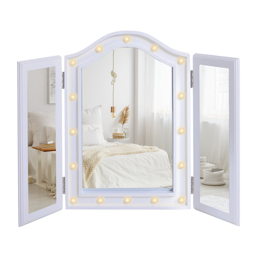 Trifold Tabletop Mirror, 73x53.5cm Makeup Mirror Large Cosmetic w/16 LED Lights Powered by Batteries, Foldable For Bedroom